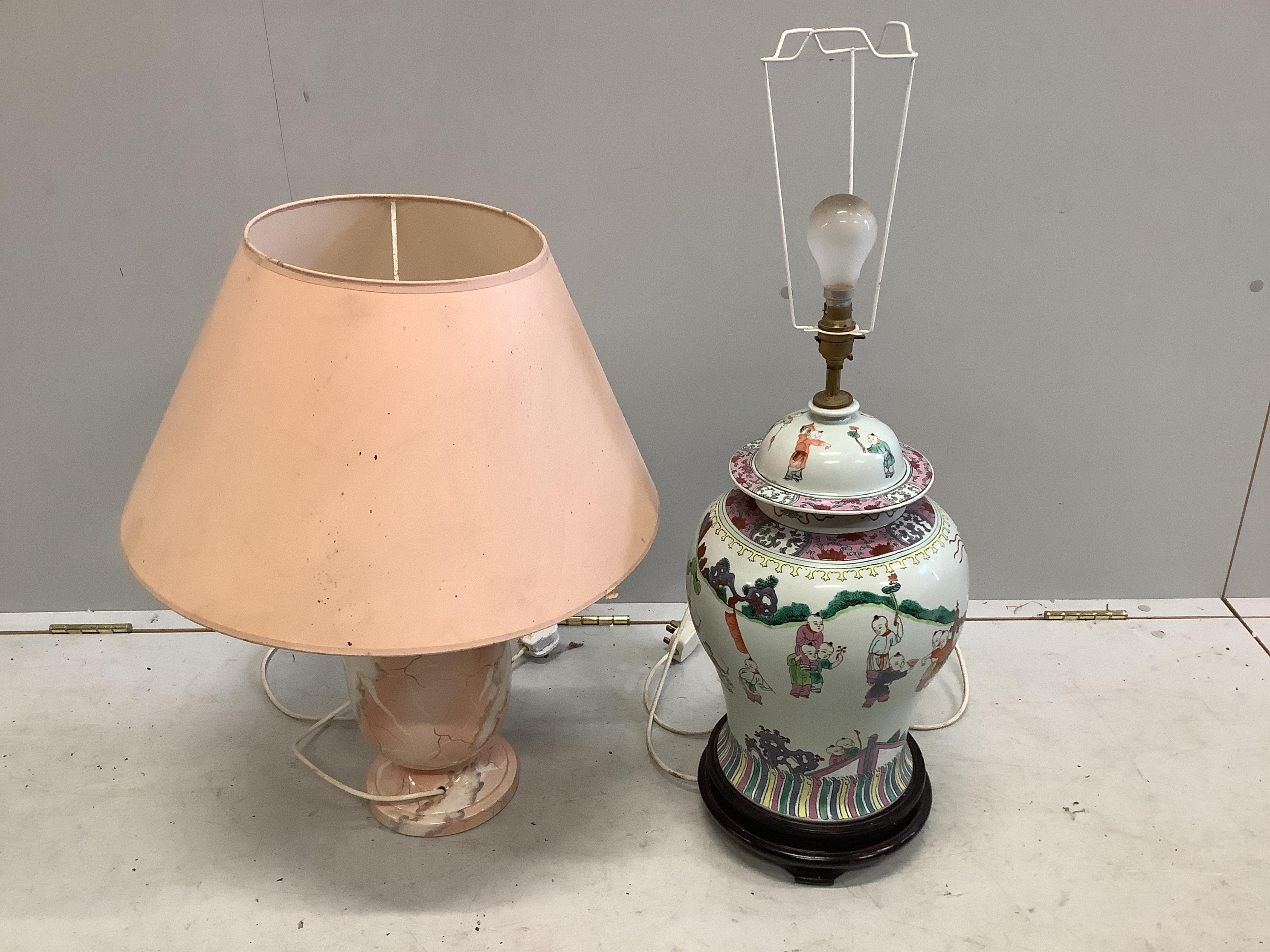 A Chinese style table lamp, height 50cm, and a simulated marble lamp. Condition - fair to good